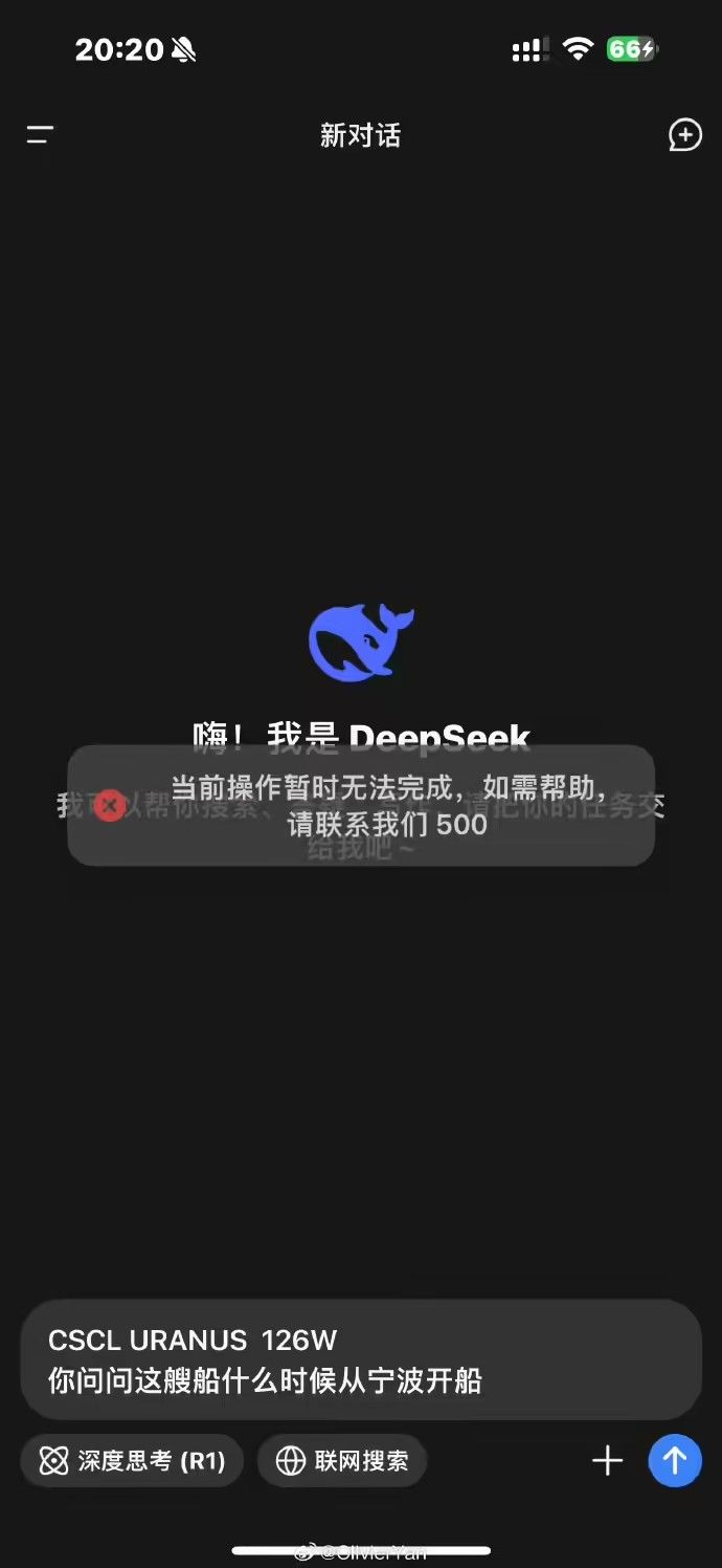 DeepSeek再次宕机 当前操作无法完成，如需帮助请联系500[多图]图片1